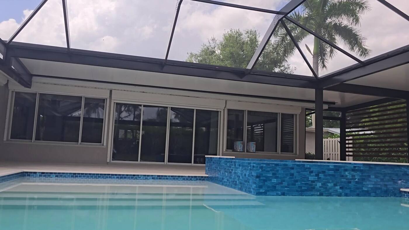 Inside a finished cage over the pool