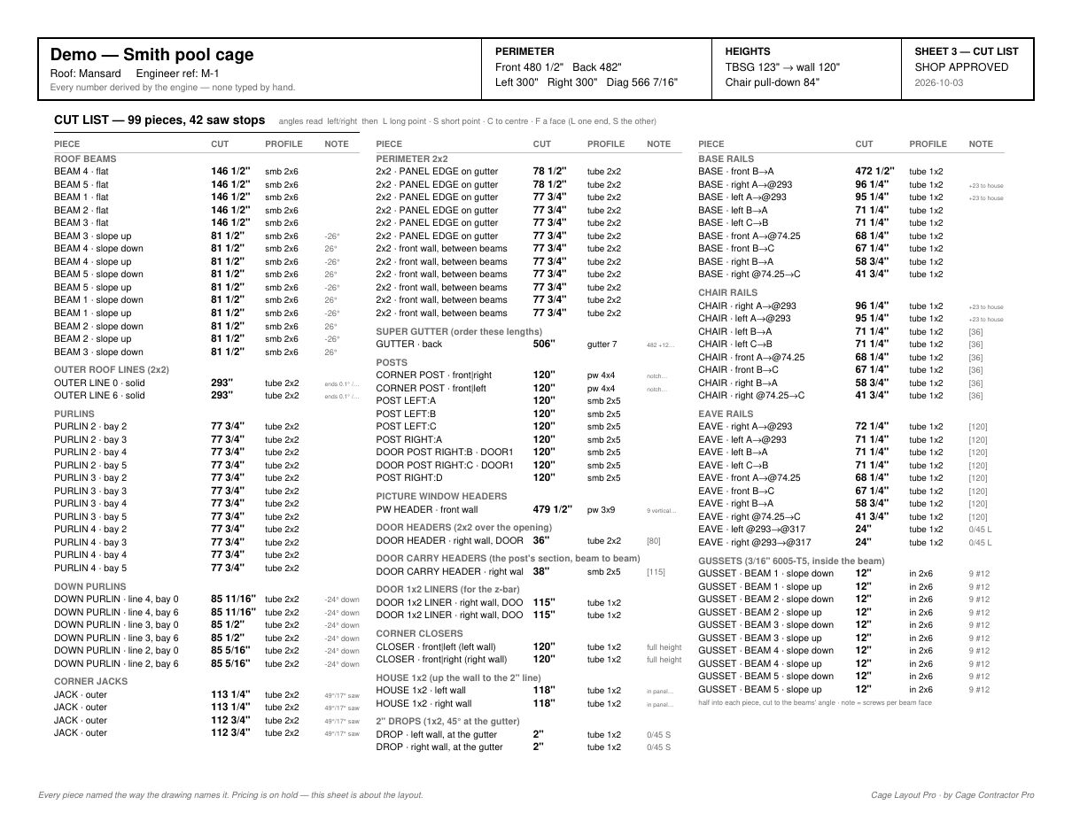 The cut list page: every piece, its cut length and its angles