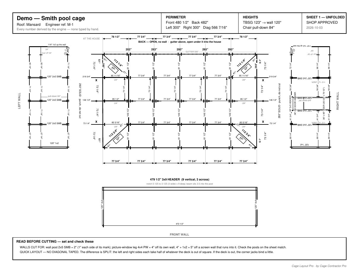 Page 1 of a printed cut sheet: the roof plan with the walls folded out