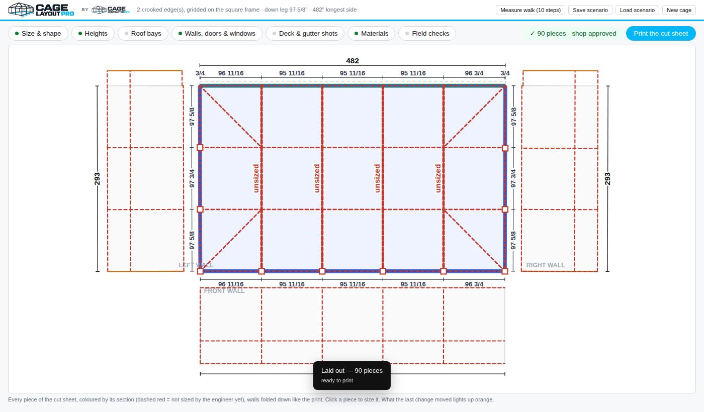 A cage laid out in Cage Layout Pro: the roof plan with every bar, the walls folded down around it
